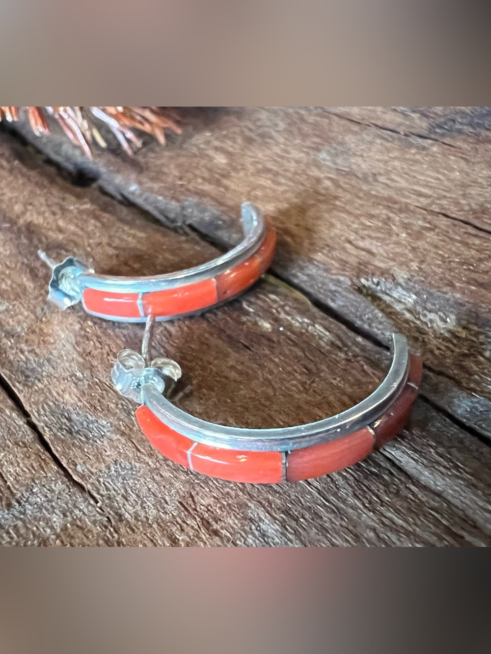 Pensilvania GWR Coral Earrings Red Orange Silver Inlay Half Hoops Huggies 1”